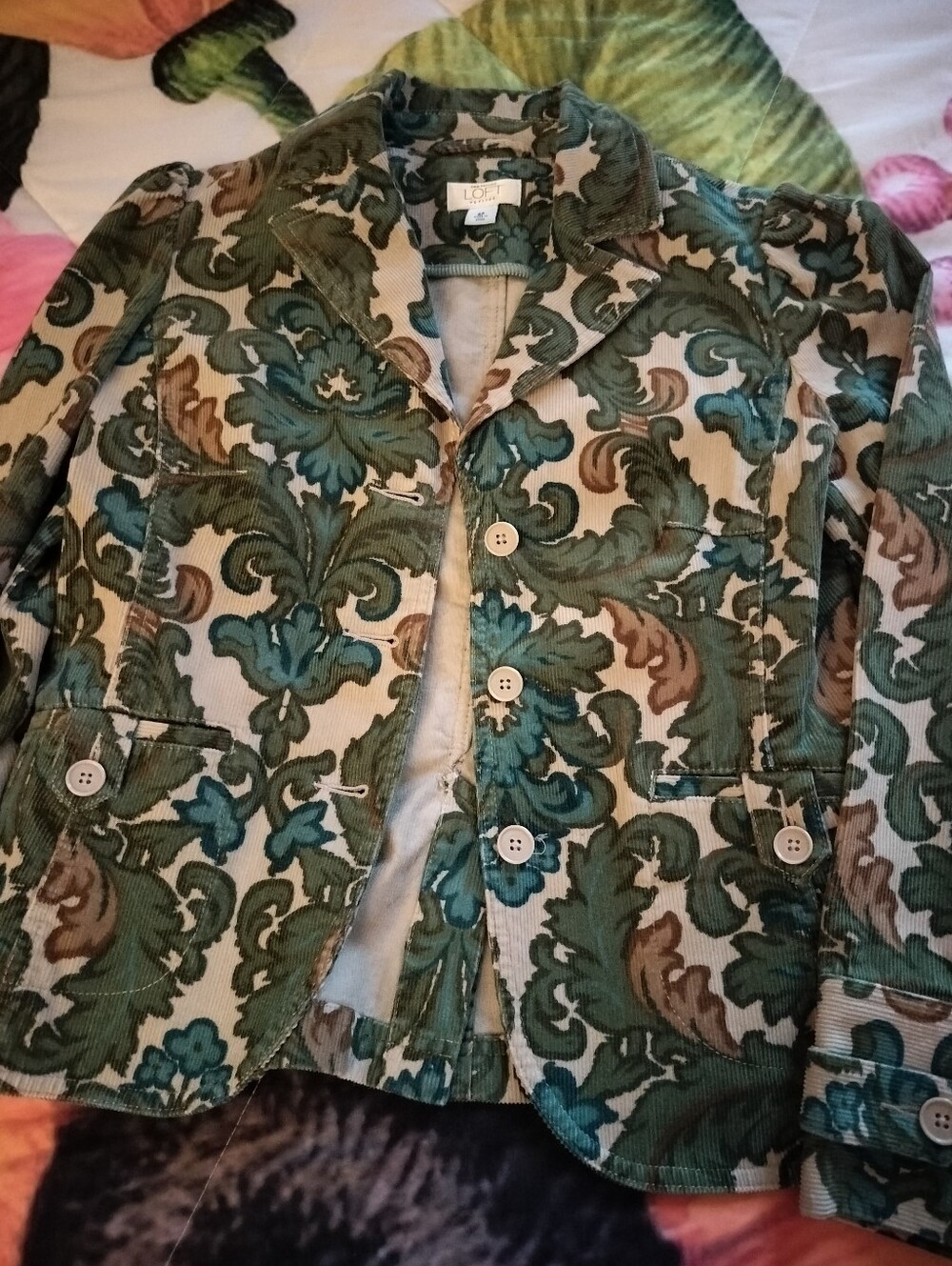 Women's Floral Corduroy Jacket in Teal and Brown. Great Condition.